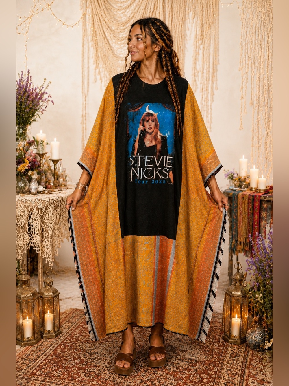 Stevie Nicks Reversible Upcycled Band Tee Kantha Poncho Kaftan OOAK